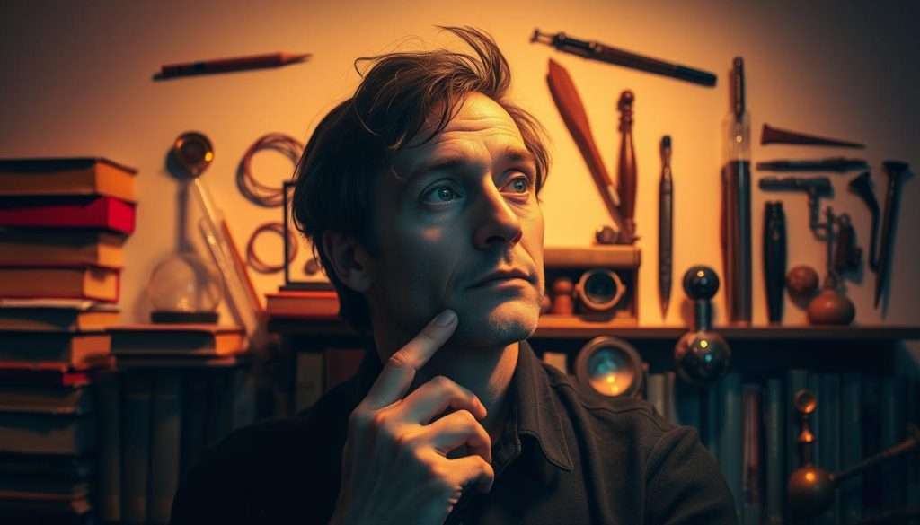 A thoughtful individual with a curious gaze, surrounded by a collage of books, scientific instruments, and artistic tools, symbolizing the diverse interests and expertise of a polymath. The scene is illuminated by warm, focused lighting, casting dramatic shadows and highlighting the subject's contemplative expression. The background is a serene, minimalist space, allowing the central figure and their multifaceted mindset to take center stage. The composition is balanced, with a sense of depth and movement, inviting the viewer to explore the depths of this versatile intellect.