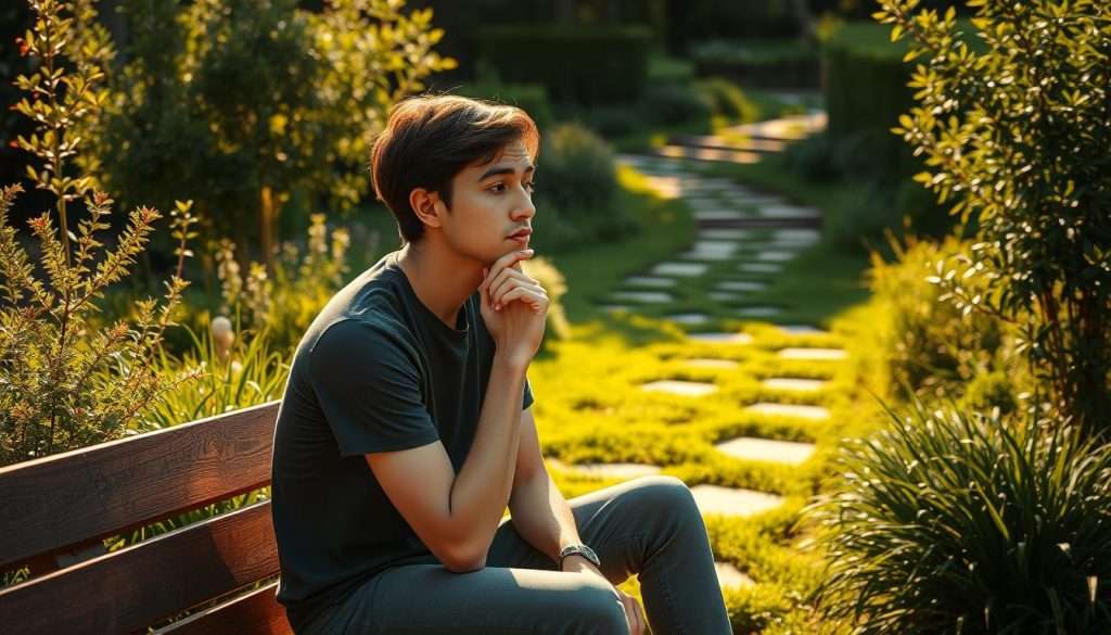 A thoughtful person sitting on a wooden bench, surrounded by a lush, verdant garden. Their eyes are closed, deep in contemplation, as they tap into their lateral thinking skills. The scene is bathed in warm, golden sunlight, conveying a sense of clarity and insight. In the background, a meandering path leads through the garden, symbolizing the journey of creative problem-solving. The overall atmosphere is one of serenity and a mindful exploration of unconventional perspectives.