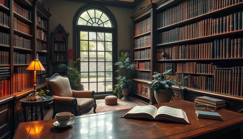 A tranquil study filled with ornate bookshelves, a cozy armchair, and a large wooden desk. Soft, warm lighting bathes the scene, creating a contemplative atmosphere. On the desk, an open book lies alongside a cup of steaming tea and a pair of reading glasses. Potted plants and a window overlooking a serene garden add a sense of natural harmony. Towering shelves hold a diverse collection of leather-bound volumes, hinting at the wealth of knowledge waiting to be explored. This is a space designed to stimulate the mind and enhance the process of memory and learning.
