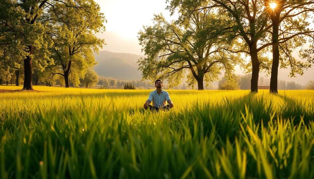 A tranquil, sun-dappled meadow, the lush grass swaying gently in a light breeze. In the center, a lone figure sits cross-legged, eyes closed, their expression serene and focused. Rays of warm, golden light filter through the surrounding trees, casting a soft, inspiring glow over the scene. The background is a hazy, dreamlike landscape, with distant hills and a boundless sky above. An aura of calm determination and inner strength permeates the image, conveying the idea of sustained motivation even in the face of challenges.