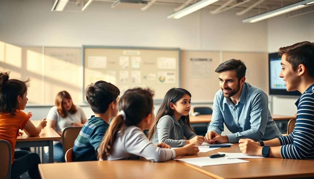 A vibrant, beautifully lit classroom scene showcasing five effective teaching methods. In the foreground, a teacher engages students with a dynamic, hands-on activity, their expressions rapt with attention. The midground features a group discussion, students collaborating at desks bathed in warm, natural lighting. In the background, a wall-mounted digital display illustrates key concepts, the screen's glow casting a subtle ambiance. The overall atmosphere is one of productive, engaged learning, with a sense of movement and vitality throughout the space.