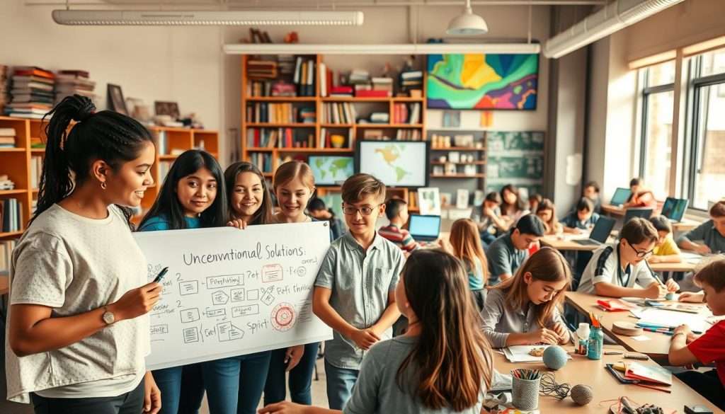 A vibrant, dynamic classroom setting with students engaged in collaborative, hands-on learning activities. In the foreground, a group of students brainstorming ideas on a whiteboard, their expressions animated as they explore unconventional solutions. In the middle ground, other students work in pairs, experimenting with various materials and tools, their faces lit with curiosity. The background features a diverse array of educational resources, from shelves of books to interactive digital displays, all illuminated by warm, natural lighting flooding through large windows. The overall atmosphere is one of creativity, innovation, and a spirit of lateral thinking, where students are encouraged to think outside the box and embrace new perspectives.