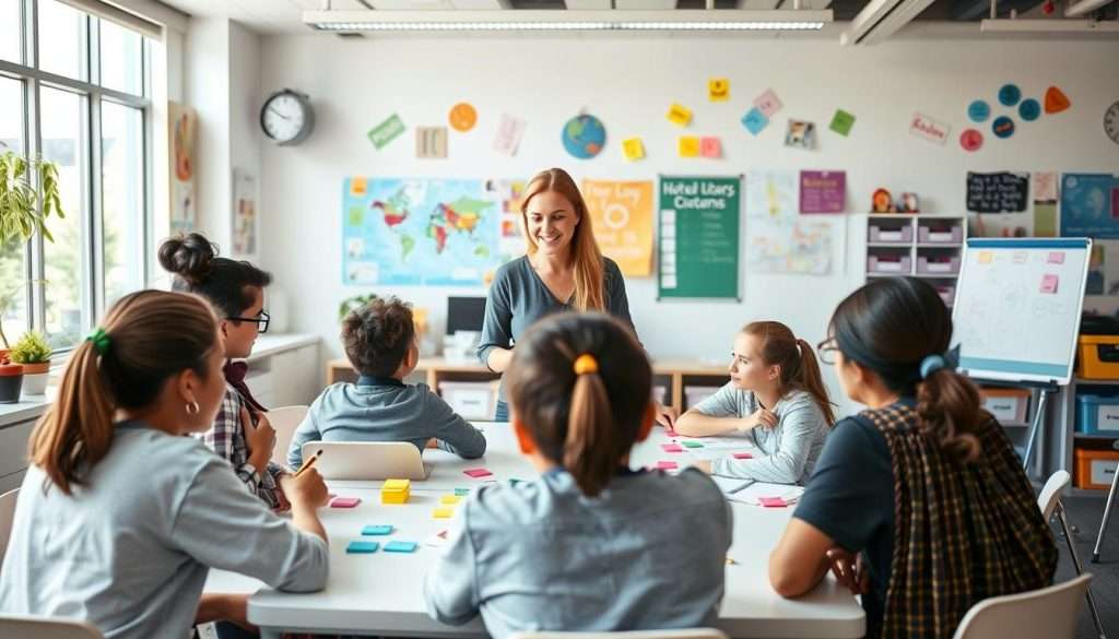 A vibrant, engaging scene showcasing active learning strategies in a modern classroom. In the foreground, students work together in small groups, using whiteboards and colorful sticky notes to brainstorm and collaborate. Mid-ground, the teacher moves between groups, guiding discussions with a warm, encouraging demeanor. The background reveals a light-filled room with large windows, inspirational wall displays, and an array of learning tools and resources. The overall atmosphere is one of focused, creative energy, capturing the essence of meaningful engagement in the learning process.