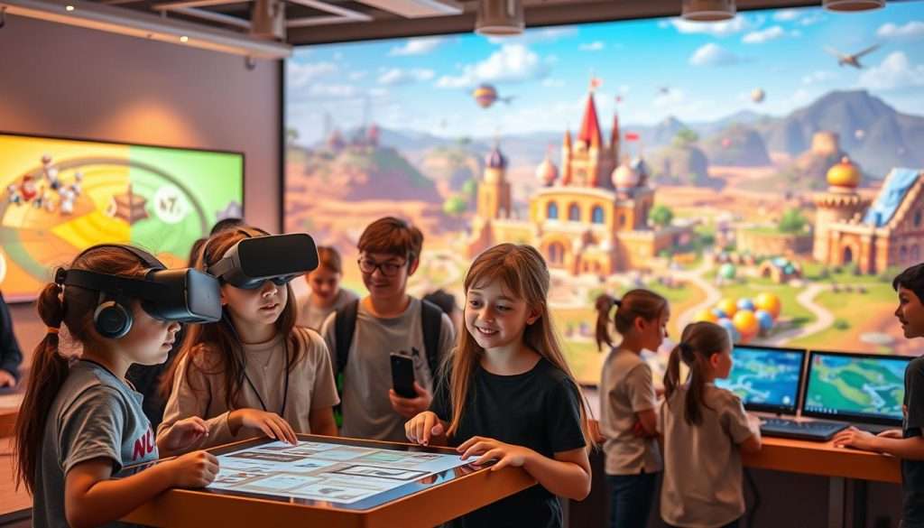 A vibrant, gamified learning environment showcasing diverse educational techniques. In the foreground, a group of students engage with interactive touchscreens, virtual reality headsets, and coding puzzles, their faces alight with excitement. The middle ground features a game-based learning station, where students collaborate to solve a narrative-driven challenge. In the background, a sprawling digital landscape depicts colorful, imaginative worlds where learning is seamlessly woven into engaging gameplay. Warm, natural lighting bathes the scene, creating a sense of warmth and discovery. The composition conveys a harmonious balance between technology, creativity, and the joy of learning.