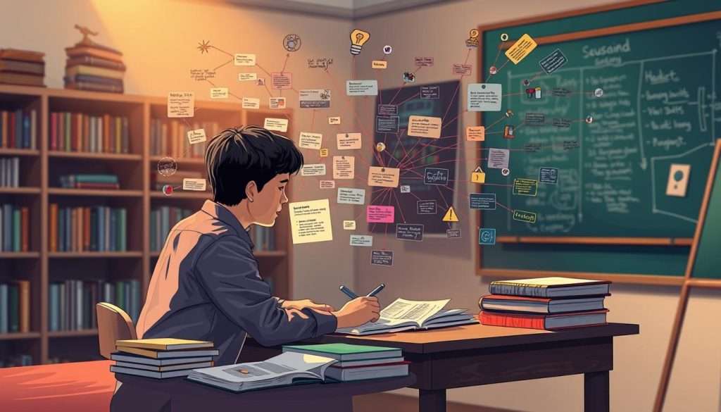 A vibrant illustration depicting the process of elaboration: a person sits at a desk, intently connecting new information to their existing knowledge through a web of colorful lines, diagrams, and annotated notes. The scene is illuminated by a warm, focused light, creating a contemplative atmosphere. In the background, shelves of books and a chalkboard suggest an academic setting, while the foreground showcases the active engagement of the learner. The overall composition conveys the power of making meaningful connections to deepen understanding and retention.