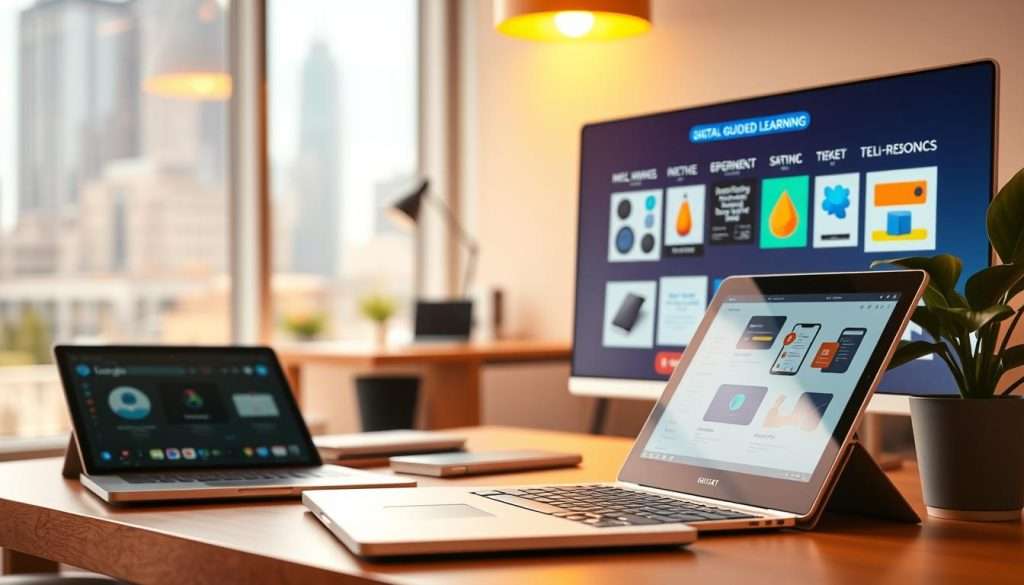 A vibrant, modern workspace with a variety of digital learning tools. In the foreground, a sleek laptop, a tablet, and a high-resolution display showcase interactive educational content. The middle ground features a stylized workspace with a minimalist desk, office supplies, and a plant, all bathed in warm, diffused lighting. In the background, a blurred cityscape visible through large windows, suggesting a dynamic, technology-driven urban environment. The overall atmosphere is one of productivity, creativity, and the seamless integration of digital resources to support self-guided learning.