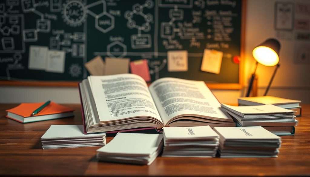 A vibrant study desk with an open textbook, stacks of notecards, and a pen poised above them. The books and cards are neatly arranged, suggesting a systematic approach to the interleaving technique. Soft, warm lighting illuminates the scene, creating a focused and productive atmosphere. In the background, a chalkboard-style wall displays diagrams and mind maps, hinting at the analytical and visual nature of the learning process. The overall composition conveys a sense of organized, multifaceted learning, embodying the "Step-by-Step Guide to Implementing Interleaving."