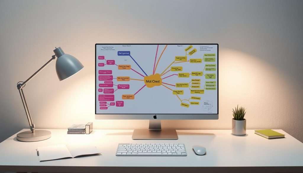 A vibrant, visually engaging mind map example, displayed on a stylish, minimalist desk setup. The map features interconnected nodes in a range of hues, highlighting key concepts, ideas, and their relationships. Soft, diffused lighting illuminates the scene, creating a sense of focus and clarity. The layout is balanced and aesthetically pleasing, with sufficient negative space to draw the viewer's attention to the core elements. The overall impression is one of organized, efficient note-taking that enhances understanding and learning.