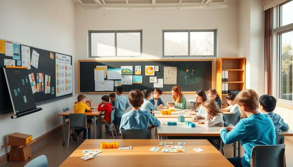 A well-lit classroom scene with a large chalkboard or whiteboard taking up the center foreground. Various visual learning aids are displayed on the board, such as colorful diagrams, charts, and illustrations. In the middle ground, students are gathered around tables, actively engaged in hands-on activities like sorting flash cards or manipulating 3D models. The background features large windows allowing natural light to flood the space, creating a warm, inviting atmosphere conducive to learning. The overall mood is one of focus, collaboration, and a sense of discovery through visual exploration.