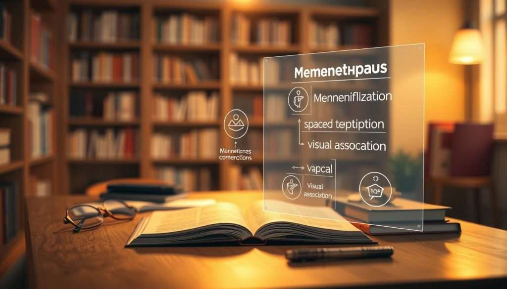 A well-lit, high-contrast room with warm, focused lighting illuminating a wooden desk. On the desk, an open book, a pair of glasses, and various study materials arranged neatly. In the foreground, a transparent, holographic interface displays various memory enhancement techniques, including mnemonics, spaced repetition, and visual association. The background features a soft, blurred bookshelf, conveying a serene, academic atmosphere. The overall mood is one of focused concentration and intellectual engagement.