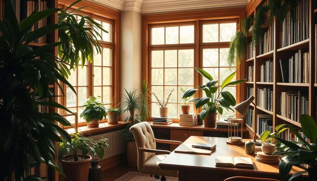 Cozy study nook with lush indoor plants, warm wooden furniture, and soft ambient lighting. Sunlight filters through large windows, casting a gentle glow on the organized workspace. A comfortable chair invites focused study, surrounded by bookshelves filled with knowledge. The space exudes an atmosphere of calm productivity, inspiring the mind to delve deep into academic pursuits. Elegant desk accessories and a thoughtfully placed desk lamp add refined touches, creating an environment conducive to academic excellence.