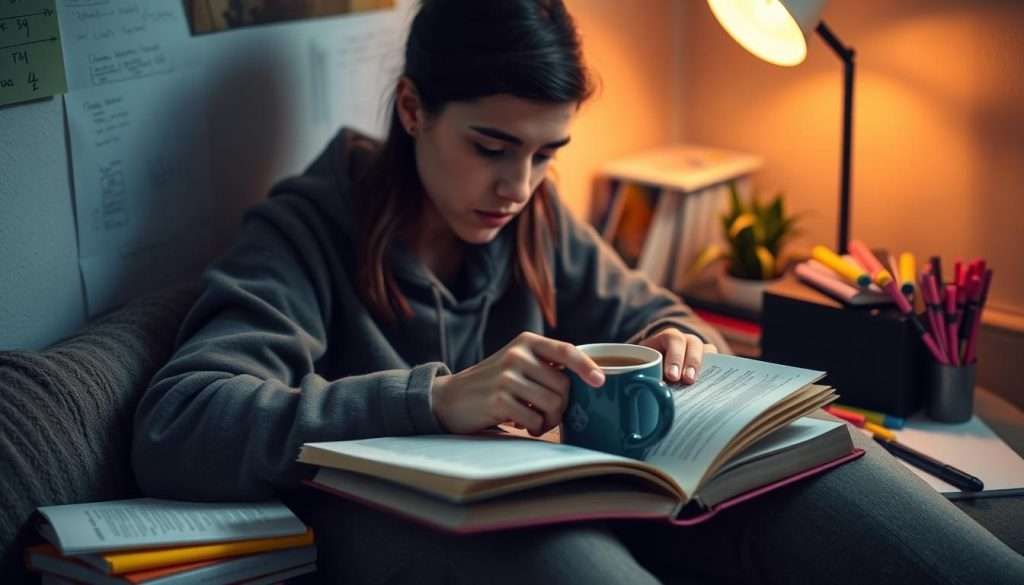 Effective study techniques: a cozy, well-lit study nook with a student deeply engrossed in a textbook, surrounded by organized notes, colorful highlighters, and a steaming mug of tea. The angle is slightly elevated, capturing the scene from an inspirational perspective. Soft, warm lighting illuminates the student's focused expression, conveying a sense of determination and productivity. The background is slightly blurred, drawing the viewer's attention to the central figure and the study materials, creating an atmosphere of focused learning and self-improvement.