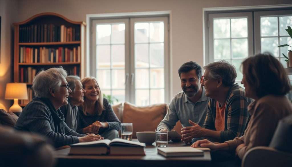 Warm, soft lighting illuminates a cozy living room setting. In the foreground, a group of friends gathered around a coffee table, engaged in lively conversation, their faces radiating warmth and connection. In the middle ground, a bookshelf filled with well-worn volumes, a subtle nod to the power of knowledge and shared experiences. The background features a large window, allowing natural light to filter in, symbolizing the nurturing influence of social bonds on cognitive health. The overall atmosphere exudes a sense of comfort, belonging, and the rejuvenating effects of meaningful relationships on memory and well-being.