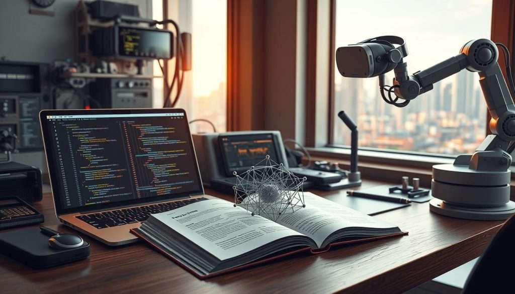 a detailed photorealistic digital illustration of a workspace with various artificial intelligence learning tools, including a laptop displaying a code editor, an open book on AI algorithms, a 3D printed neural network model, a virtual reality headset, and a robot arm demonstrating machine learning techniques, all set against a backdrop of futuristic technology and a window overlooking a cityscape, with warm, directional lighting from the side illuminating the scene and creating a sense of depth and dimension
