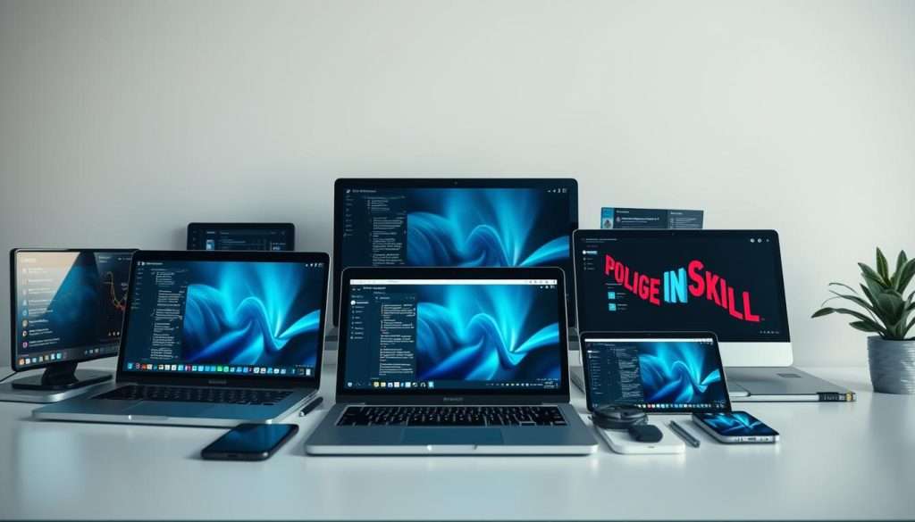 a highly detailed, hyper-realistic, cinematic image of various online learning platforms and tools, such as laptops, tablets, and mobile phones, arranged in a visually appealing and organized manner. The platforms are displayed against a clean, minimalist background, with soft, natural lighting illuminating the scene. The image conveys a sense of productivity, innovation, and accessibility, reflecting the idea of "Leveraging Different Learning Modalities". The composition is balanced, with a clear focus on the digital devices and platforms, highlighting their importance in the context of modern education and skill development.