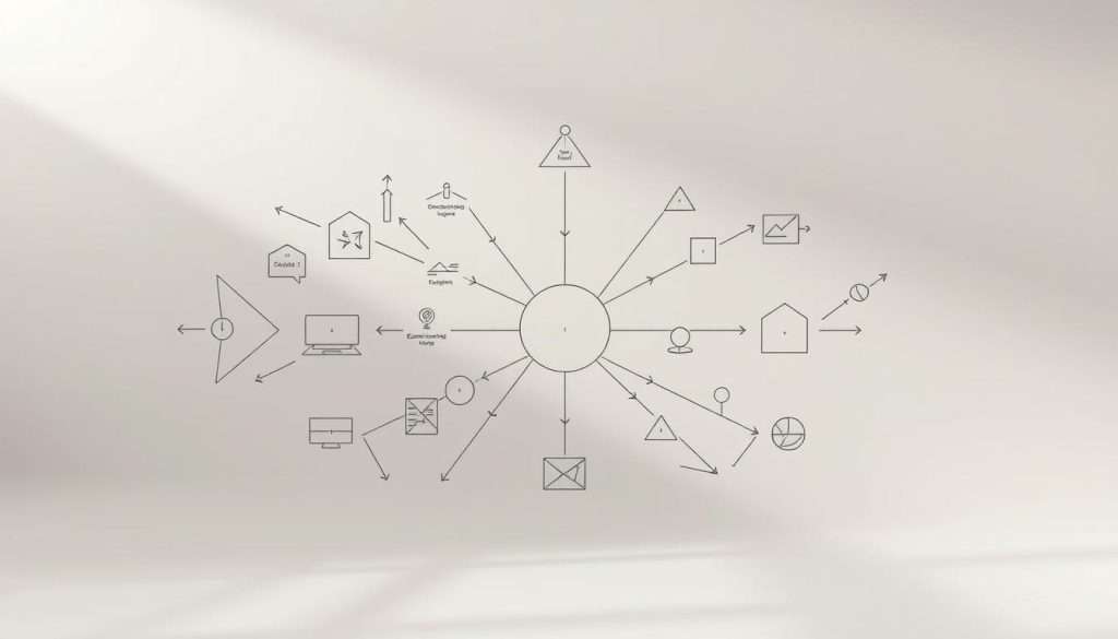economic models, showing a complex network of interconnected concepts and frameworks, depicted in a clean, minimalist style with a focus on geometry and simplicity. The foreground features a central diagram with various shapes and lines representing different economic theories and models, arranged in a harmonious, visually compelling layout. The middle ground showcases a subtle grid or matrix structure, hinting at the underlying systems and relationships that govern economic behavior. The background maintains a neutral, muted tone, allowing the central elements to take center stage and convey a sense of intellectual depth and sophistication. Lighting is soft and diffused, creating a sense of depth and dimension, while the camera angle is slightly elevated to provide an encompassing, bird's-eye view of the subject matter.