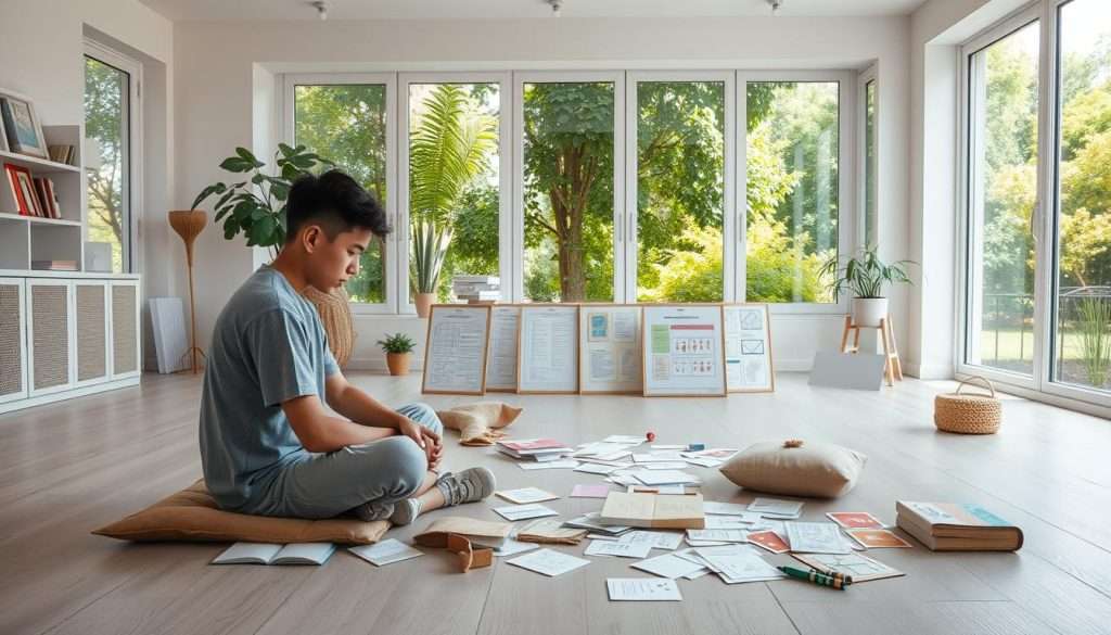 A bright, airy studio with clean, minimalist decor. In the foreground, a young person sits cross-legged on a floor cushion, deep in thought, surrounded by scattered notecards and memory aids. In the middle ground, various memory-boosting techniques are displayed, such as mind maps, flashcards, and mnemonic devices. The background features large windows overlooking a lush, verdant garden, bathing the scene in natural light and a sense of tranquility. The overall atmosphere evokes focus, clarity, and a journey of mental self-improvement.