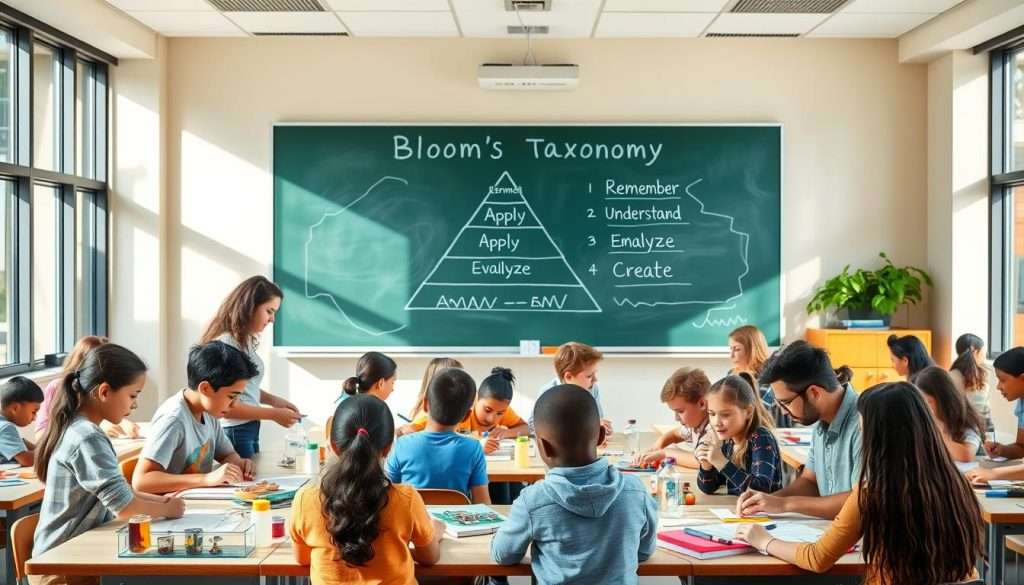 A brightly lit, spacious classroom with a large chalkboard at the front. On the chalkboard, a visual representation of Bloom's Taxonomy, with the six levels - remember, understand, apply, analyze, evaluate, and create - arranged in a pyramid structure. In the foreground, students of diverse backgrounds are engaged in various hands-on activities, such as building models, conducting experiments, and presenting their findings. The classroom has ample natural light streaming in through large windows, creating a warm and inviting atmosphere. The overall scene conveys a sense of active learning, collaboration, and the practical application of Bloom's Taxonomy in the classroom.