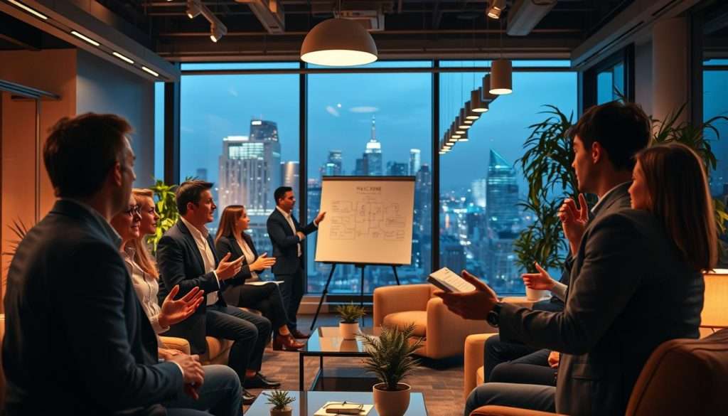 A bustling office scene, illuminated by warm, ambient lighting and captured through a medium-wide lens. In the foreground, a group of professionals engaged in a Socratic-style discussion, gesticulating animatedly and leaning forward intently. In the middle ground, a whiteboard or digital display showcases key concepts and talking points. The background features sleek, modern furnishings, potted plants, and floor-to-ceiling windows overlooking a cityscape, conveying a sense of professionalism and intellectual stimulation. The overall mood is one of collaboration, inquiry, and the application of the Socratic method to real-world business challenges.