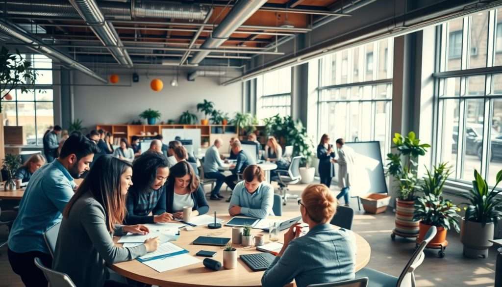 A bustling open-office workspace, flooded with warm natural light through large windows. In the foreground, a diverse group of colleagues collaborating intently around a circular table, faces animated in discussion as they share ideas, documents, and sketches. In the middle ground, smaller teams huddled in casual conversation, brainstorming on whiteboards. The background reveals a vibrant, creative atmosphere - plants, colorful decor, and modern ergonomic furniture that encourages productivity and connection. An atmosphere of focused yet relaxed teamwork, where innovative solutions are born through open communication and shared purpose.
