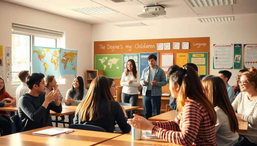 A classroom setting with students of diverse backgrounds engaged in interactive language learning activities. Warm, natural lighting illuminates the scene, creating a cozy, welcoming atmosphere. In the foreground, students work in pairs, gesturing animatedly as they practice conversational skills. In the middle ground, a teacher circulates, providing guidance and encouragement. The background features language-themed wall displays, maps, and educational posters, reflecting the academic focus of the environment. The overall composition conveys a sense of collaboration, enthusiasm, and the joy of mastering a new language.