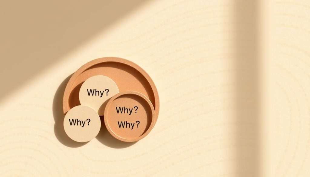 A clean, minimalist illustration depicting the 5 Whys problem-solving technique. In the foreground, a grid of 5 nested circles, each labeled with a "Why?" question. The circles are rendered in a muted, earthy color palette, with subtle shadows and highlights creating depth. The background features a softly blurred, textured surface, perhaps a wood grain or paper material, conveying a sense of simplicity and practicality. Bright, natural lighting casts gentle shadows, emphasizing the methodical, step-by-step nature of the 5 Whys approach. The overall mood is one of thoughtful analysis and systematic problem-solving.