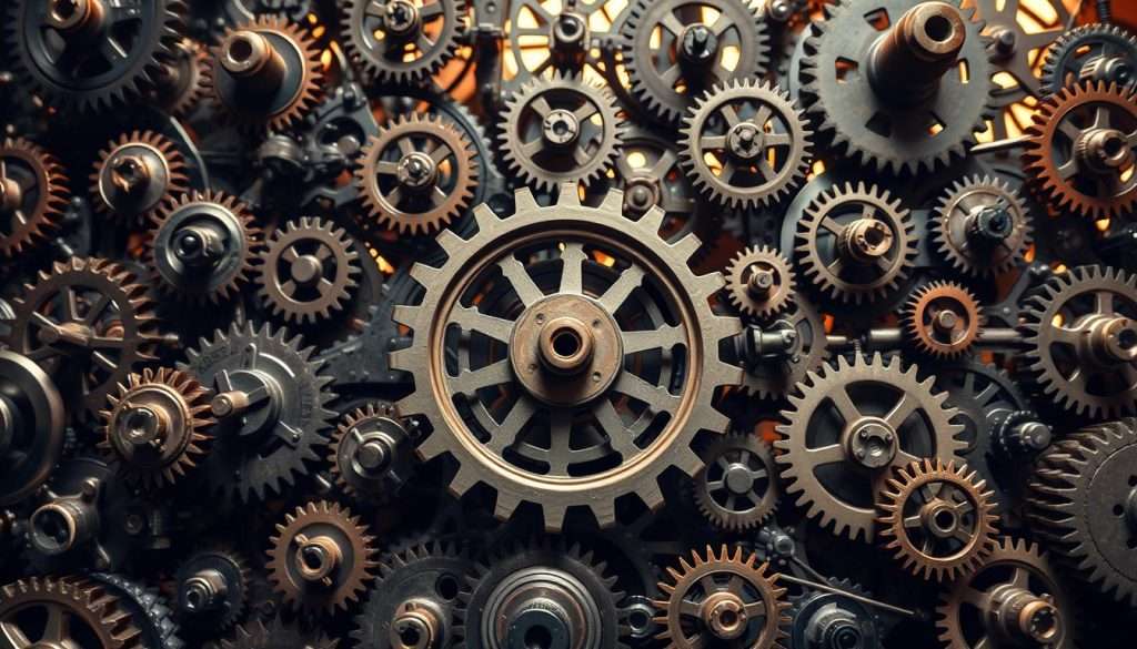 A complex network of interconnected gears, cogs, and pulleys, their intricate movements creating a mesmerizing dance of systems within systems. The foreground features a central gear, its teeth interlocking with the surrounding components, each piece playing a vital role in the larger mechanism. The middle ground showcases a diverse array of mechanical elements, their shapes and sizes illustrating the intricacies of systems thinking. In the background, a warm, subdued lighting casts a soft glow, highlighting the depth and complexity of the scene, inviting the viewer to delve deeper into the intricate workings of this captivating, ever-evolving system.