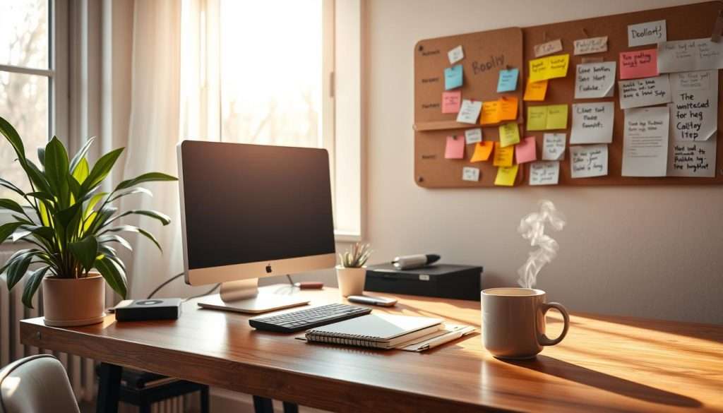 A cozy home office with a wooden desk, a sleek desktop computer, and a potted plant. Soft natural lighting filters through large windows, casting a warm glow over the space. On the desk, a notebook, a pen, and a steaming mug of coffee. A bulletin board on the wall displays colorful sticky notes and handwritten productivity tips. The atmosphere is focused yet inviting, inspiring creativity and concentration. A sense of calm and organization pervades the scene, reflecting the practical strategies for building focus and boosting productivity.