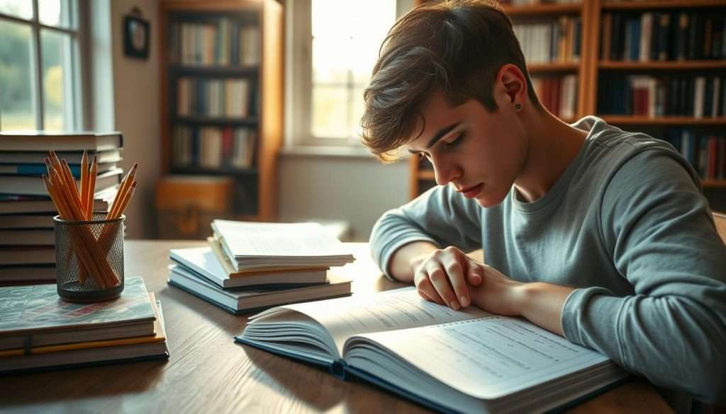 A cozy study nook with a large wooden desk, piled high with textbooks, notebooks, and a cup of freshly sharpened pencils. Sunlight streams in through a window, casting a warm glow over the scene. On the desk, a student works intently, their brow furrowed in concentration as they solve a complex math problem, the pages of their notebook filled with equations and calculations. The background is a softly blurred bookshelf, hinting at the wealth of knowledge at their fingertips. The overall atmosphere is one of focused dedication, where the student is immersed in the deliberate practice of honing their math skills.