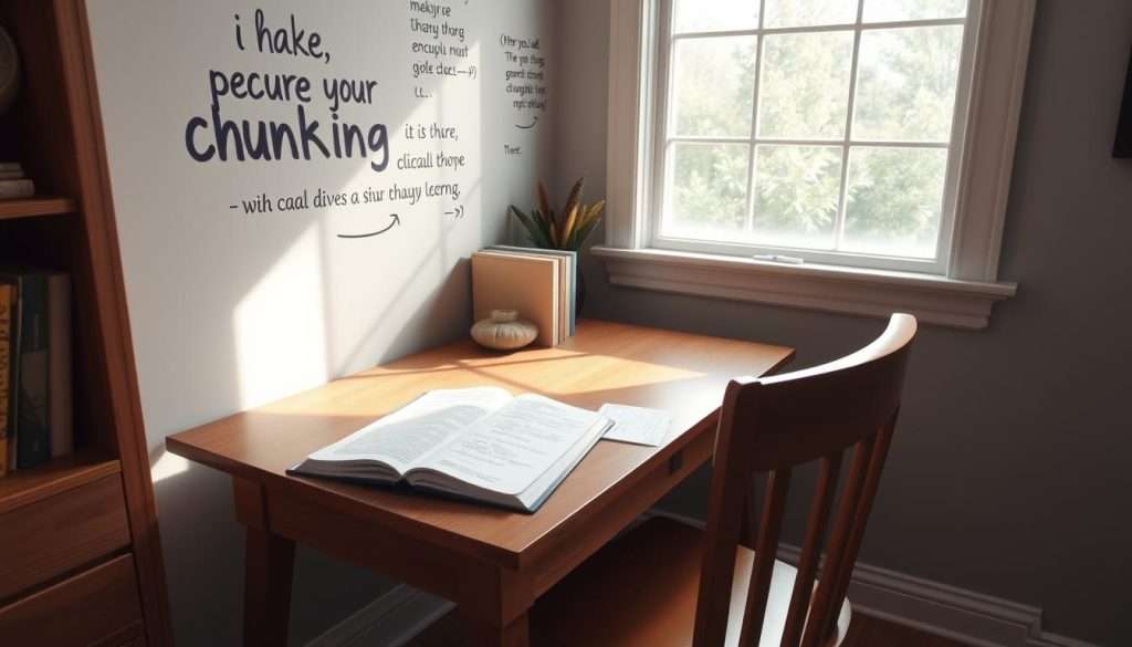 A cozy study nook with a wooden desk and chair, illuminated by soft natural light filtering through a large window. On the desk, an open book and a notebook with handwritten notes, representing the process of "chunking" - breaking down complex topics into manageable pieces for efficient learning. The walls are adorned with motivational quotes and visual aids, creating an inspiring atmosphere conducive to focused study. The overall scene conveys a sense of concentration, productivity, and the rewarding journey of mastering new skills through a structured, step-by-step approach.