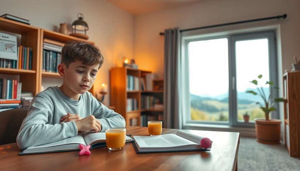 A cozy study room with warm lighting and a soothing atmosphere. In the foreground, a young student sits at a wooden desk, their face expressing a mix of concentration and concern. On the desk, an open notebook, a cup of tea, and a few stress-relieving items like a small potted plant and a stress ball. The middle ground features a bookshelf filled with textbooks and a wall calendar, hinting at the upcoming exam. The background depicts a window overlooking a tranquil landscape, providing a sense of calm and perspective. The overall mood conveys a balanced approach to managing test anxiety through preparation, self-care, and maintaining a healthy mindset.