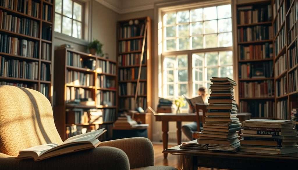 A cozy, sun-dappled study with floor-to-ceiling bookshelves lining the walls. A comfortable armchair sits in the foreground, an open book resting on the arm. Soft, warm lighting filters through large windows, casting a gentle glow on a wooden desk piled high with well-worn volumes. In the background, a person sits engrossed in a book, their face illuminated by the glow of the pages. The scene conveys a sense of tranquility and a lifelong passion for reading, inspiring the viewer to become a lifelong reader themselves.