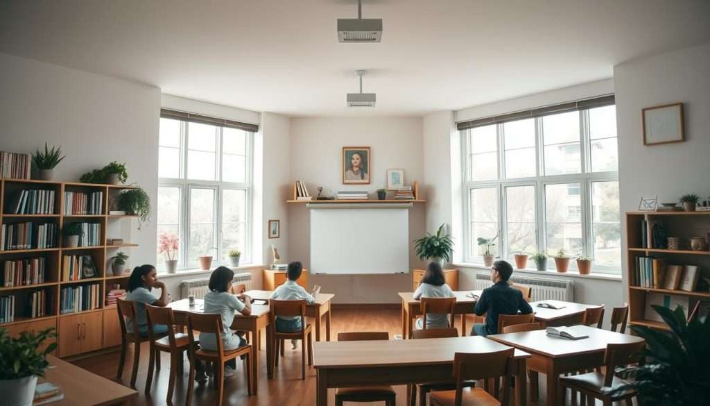 A cozy, well-lit learning environment with natural light streaming through large windows. Wooden desks and chairs arranged in a semicircle, inviting collaboration. Shelves lined with books and educational resources. A whiteboard or chalkboard dominates the front, ready for dynamic lessons. Potted plants and subtle artwork add warmth and visual interest. The room exudes a sense of focused concentration, with students engaged in thoughtful discussions and hands-on activities. Soft, muted tones create a calming atmosphere, conducive to deep learning and intellectual growth.