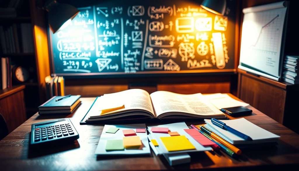 A cozy, well-lit study nook with an open textbook, calculator, and neat piles of notes on a wooden desk. Warm, focused lighting casts soft shadows, creating an atmosphere of concentration and productivity. Vibrant, color-coded sticky notes and highlighters are scattered across the desk, indicating a methodical, organized approach to studying. In the background, a large blackboard or whiteboard displays formulas, graphs, and math diagrams, serving as a visual aid for the study session. The scene conveys a sense of diligence, structure, and a dedicated mindset for tackling mathematical challenges.