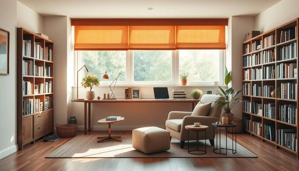 A cozy, well-lit study nook with warm, natural lighting filtering through large windows. Minimalist, ergonomic furniture in soothing earth tones - a streamlined desk, a plush armchair, and a plant-filled side table. The space is uncluttered, with clean lines and a calming color palette to promote focus and productivity. Soft ambient music plays in the background, creating a sense of tranquility. Bookshelves line the walls, filled with inspiring titles. The overall atmosphere is inviting, serene, and conducive to deep, rewarding study sessions.