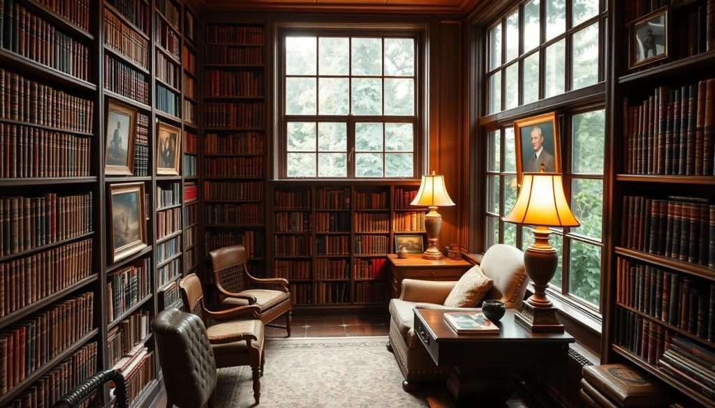 A cozy, well-lit study with floor-to-ceiling bookshelves filled with leather-bound volumes and brass-framed artworks. A comfortable armchair sits beside a wooden side table, with a vintage lamp casting a warm glow. The background features a large window overlooking a lush garden, letting in natural light and a sense of tranquility. The scene conveys a feeling of intellectual pursuit, personal enrichment, and a lifelong passion for reading and learning.