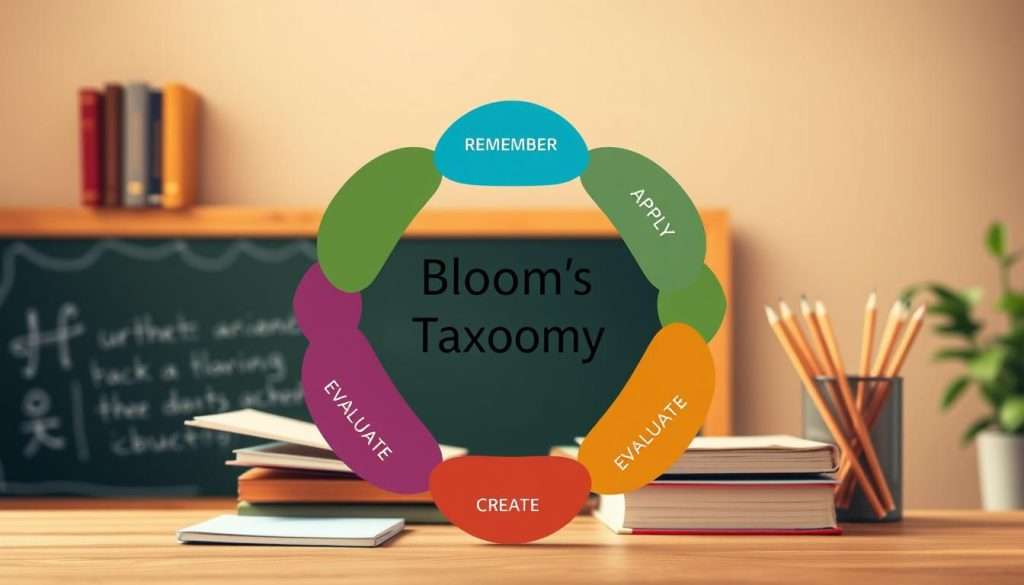 A detailed illustration of the six levels of Bloom's Taxonomy, rendered in a clean, modern style. The foreground shows the six levels - remember, understand, apply, analyze, evaluate, and create - arranged in a circular formation, each represented by a distinct geometric shape and color. The middle ground features a thoughtful academic atmosphere, with books, pencils, and a chalkboard backdrop. The background showcases a warm, natural setting, with soft, diffused lighting and subtle gradients to create depth and a sense of contemplation. The overall composition conveys the hierarchical nature of the taxonomy while maintaining a balanced, visually appealing layout suitable for an educational article.