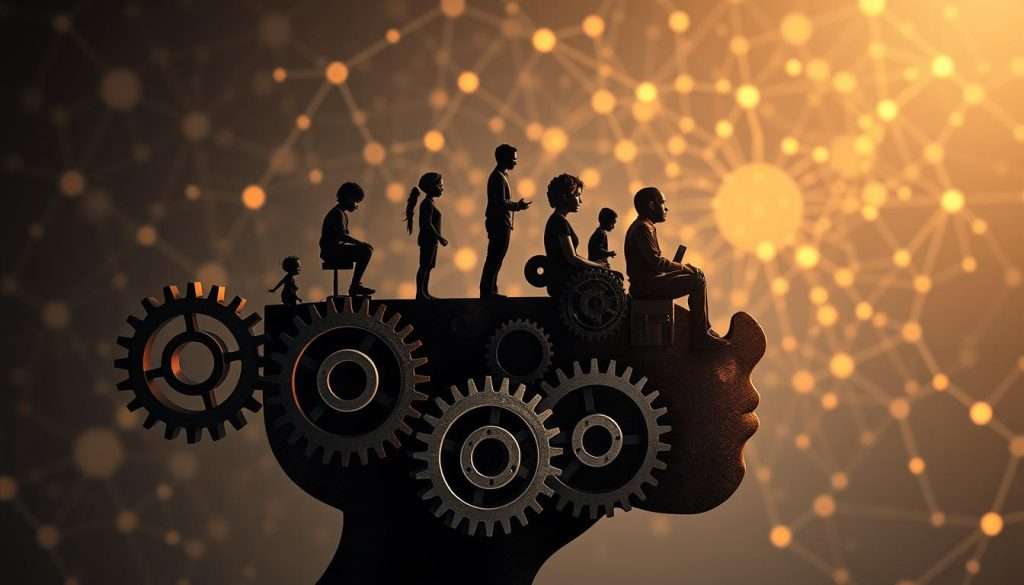A detailed, multi-layered illustration of the cognitive development stages. In the foreground, a series of interlocking gears representing the progression from basic perception to complex reasoning. The middle ground depicts a group of people at various stages, from a child exploring their senses to an adult deep in contemplation. The background features a network of glowing neural pathways, hinting at the underlying neurological processes. Soft, warm lighting illuminates the scene, creating a thoughtful, introspective atmosphere. Rendered with a refined, technical style that emphasizes the elegance and precision of the cognitive journey.