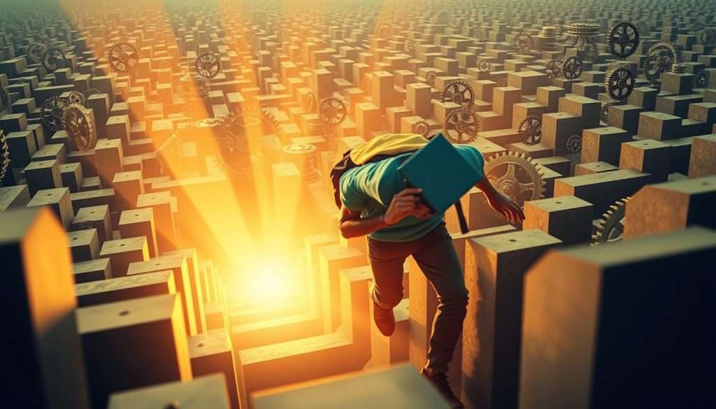 A determined student navigating a maze of knowledge, overcoming obstacles with grit and creativity. Bright rays of enlightenment illuminate the path forward, casting a warm, hopeful glow. Intricate gears and cogs symbolize the mental machinery powering the learning process. In the background, a vast landscape of ideas and concepts waiting to be mastered. The composition conveys a sense of forward momentum, perseverance, and the transformative power of lifelong learning.