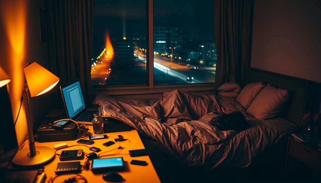 A dimly lit bedroom, with a cluttered desk in the foreground, various electronic devices scattered around, and a person tossing and turning in bed, unable to sleep. The scene is lit by a warm, amber hue, creating a sense of unease and restlessness. In the background, a window reveals a nighttime cityscape, with streetlights and the occasional passing car, further contributing to the distraction and lack of sleep. The overall atmosphere conveys the common sleep obstacles faced by students, such as technology, stress, and environmental factors, preventing them from getting the rest they need to boost their learning abilities.