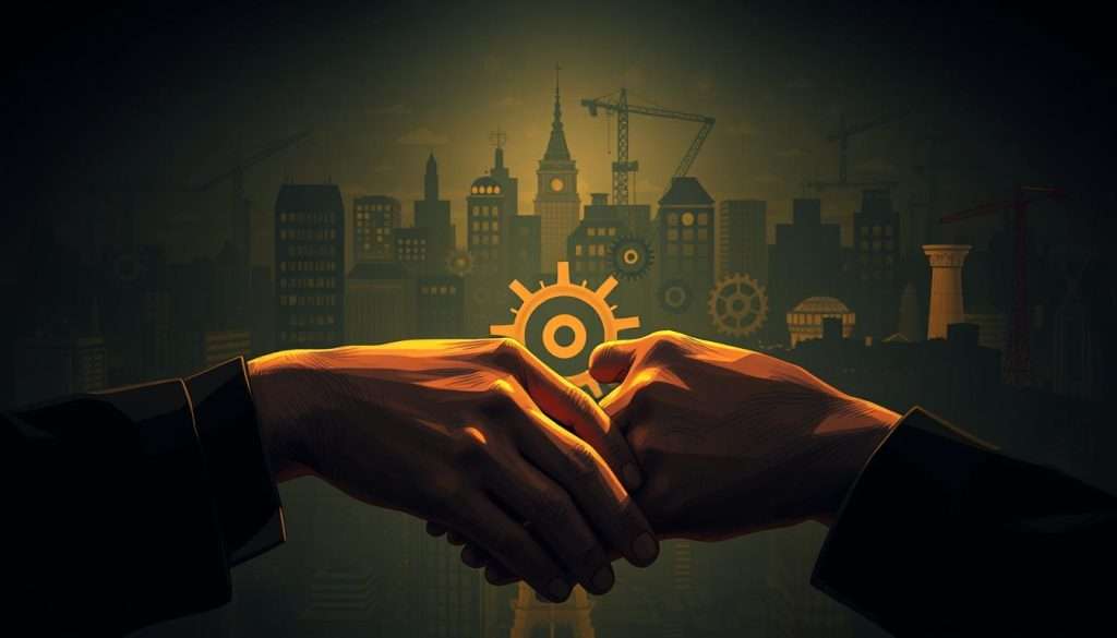 A dimly lit, intricate illustration showcasing the four pillars of learning - communication, collaboration, critical thinking, and creativity. In the foreground, hands intertwine, symbolizing the interconnectedness of these essential skills. In the middle ground, gears and cogs slowly turning, representing the process of development. The background features a cityscape, hinting at the real-world applications of these capabilities. Warm lighting casts a pensive, contemplative mood, encouraging the viewer to reflect on the challenges and rewards of nurturing the four C's of effective education.