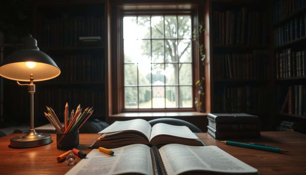 A dimly lit study area, with a wooden desk, a desk lamp casting a warm glow, and an open notebook in the foreground. Pencils, pens, and highlighters neatly arranged around the notebook, hinting at various note-taking methods. In the middle ground, bookshelves filled with leather-bound volumes, creating a sense of academic rigor. The background features a large window overlooking a lush, ivy-covered campus, suggesting an Ivy League setting. The overall atmosphere is one of focused concentration, with attention to detail and a commitment to effective learning.