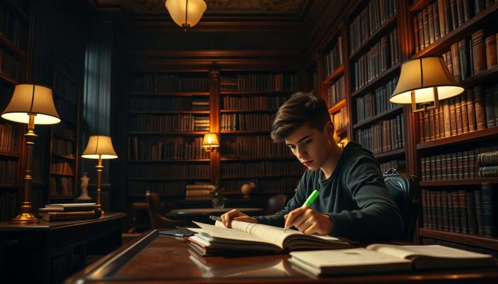 A dimly lit study area with an Ivy League-inspired aesthetic. In the foreground, a young person sits at a wooden desk, intently reviewing notes and textbooks. Intricate bookshelves line the walls, casting soft, warm light across the scene. Brass lamps and leather-bound volumes suggest a refined, scholarly atmosphere. The subject is focused, brow furrowed, highlighter in hand - the very picture of dedicated exam preparation. Muted earth tones and rich, mahogany accents create a cozy, intellectual ambiance, inviting the viewer to immerse themselves in the focused study of the elite.
