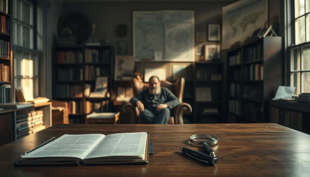 A dimly lit study, bookshelves lining the walls, a large wooden desk in the foreground. On the desk, an open notebook, pens, and a magnifying glass, suggesting deep contemplation. In the middle ground, a figure seated in a leather armchair, their face obscured, lost in thought. Subtle rays of warm light filter through the windows, casting a pensive atmosphere. In the background, various scientific instruments, maps, and charts, hinting at the genius mind at work. The scene exudes a sense of focused problem-solving, the quiet intensity of a brilliant intellect unraveling complex challenges.