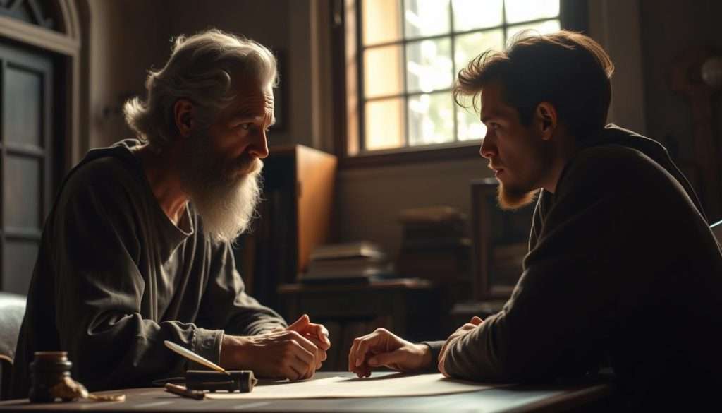 A dimly lit study room, a philosopher's desk with a quill and parchment. In the foreground, two figures engaged in deep discussion, their faces illuminated by soft natural light filtering through a window. The older figure, Socrates, leans forward, a questioning gaze, while the younger student listens intently, brow furrowed in contemplation. The background is blurred, emphasizing the intense exchange, the air thick with the weight of the Socratic questioning technique. The scene conveys a sense of intellectual curiosity, the pursuit of truth through dialogue, and the power of open-ended questioning to unlock deeper understanding.
