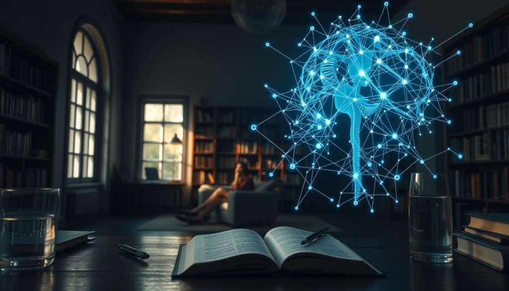 A dimly lit study room, soft natural light filtering through the windows. In the foreground, a desk with an open book, a pen, and a glass of water - symbols of focused learning. In the middle ground, a person sitting in a comfortable chair, deep in thought, surrounded by bookshelves filled with volumes of knowledge. Overlaid on the scene, a holographic visualization of a neural network, its interconnected nodes and synapses pulsing with the energy of cognitive processes. The atmosphere is one of contemplation and intellectual engagement, conveying the essence of a "cognitive learning strategy."