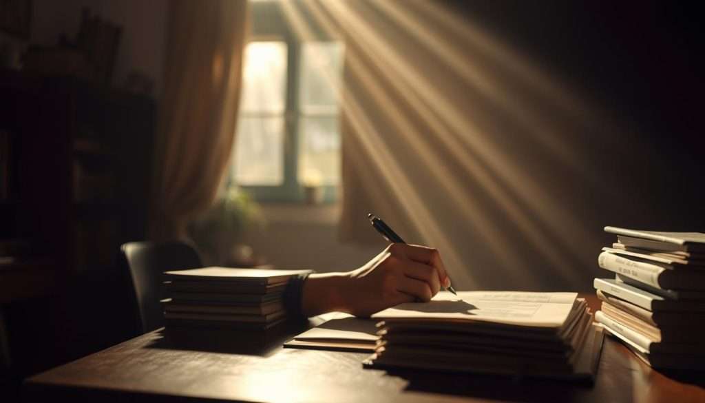 A dimly lit study room, the air thick with concentration. A person sits at a wooden desk, intently focused on a stack of books and notes. Rays of soft, warm light filter through the window, casting a gentle glow on the scene. The background is blurred, drawing the viewer's attention to the figure's hands, pen in hand, as they meticulously review and annotate the materials before them. The atmosphere conveys a sense of deliberate practice, of a mind deeply engaged in the process of learning and retaining information, transforming the way they approach their studies.