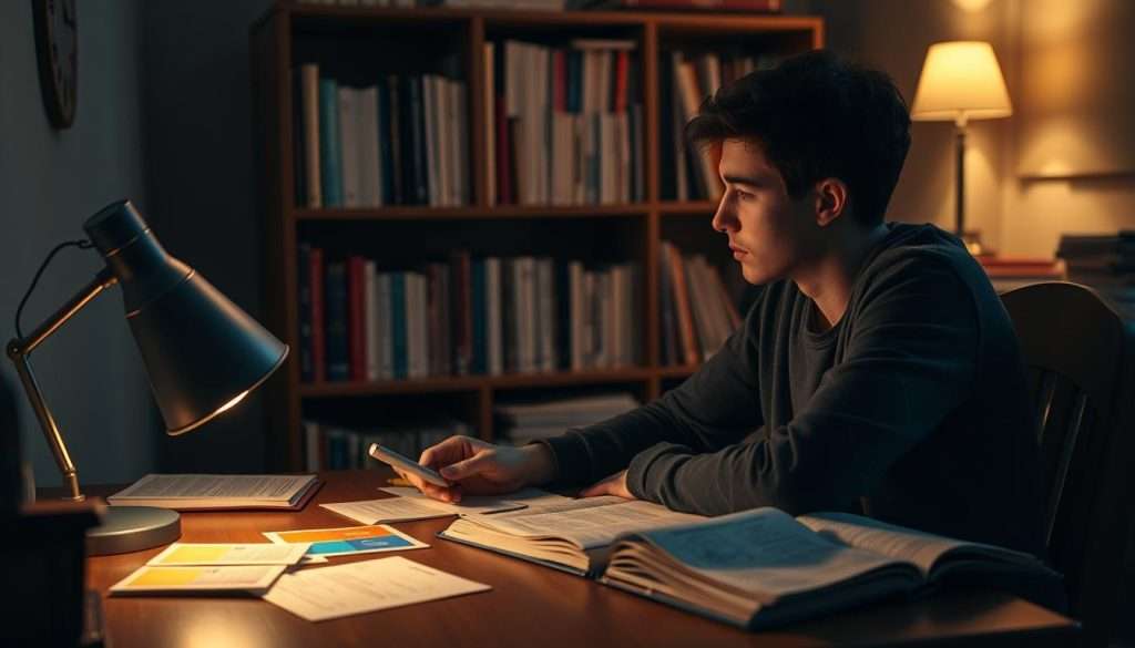 A dimly lit study room, where a student sits intently at a wooden desk, surrounded by open books and notes. The lighting is soft and warm, creating a cozy, focused atmosphere. The student is deep in thought, their face illuminated by the glow of a desk lamp, as they employ various memorization techniques - color-coded flashcards, mind maps, and mnemonics displayed on the desk. In the background, a bookshelf filled with textbooks and reference materials hints at the depth of knowledge being committed to memory. The overall scene conveys a sense of dedicated focus, as the student prepares to ace their upcoming exams through the use of effective cramming techniques.