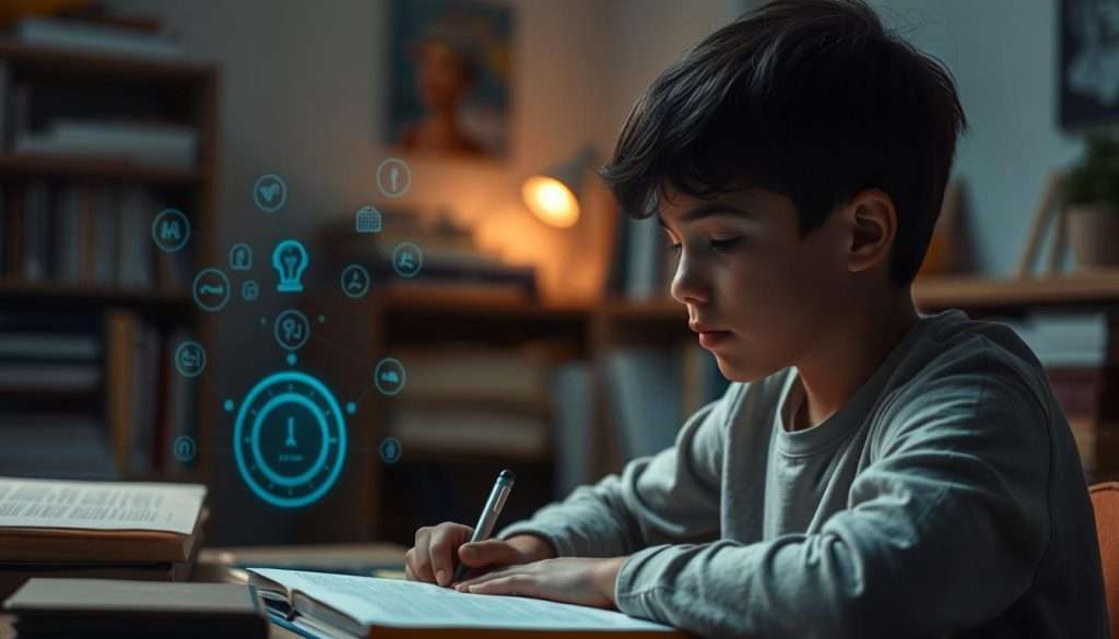 A dimly lit study room with a young student deeply engaged in their studies, surrounded by textbooks and learning materials. In the foreground, an AI assistant appears as a warm, ethereal presence, guiding the student through complex concepts using interactive visualizations and personalized explanations. The background is softly blurred, creating a sense of focus and concentration. The lighting is subtle, with a warm glow emanating from the AI assistant, conveying a feeling of support and collaboration. The composition is balanced, with the student and the AI assistant occupying the central focus, suggesting a harmonious partnership in tackling the difficult subject matter.