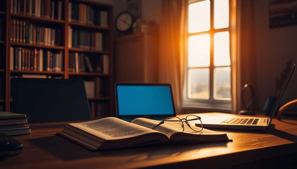 A dimly lit study with warm, focused lighting illuminating a desk. On the desk, an open book, a laptop, and a pair of glasses, hinting at deep concentration. In the background, a bookshelf filled with knowledge, and a window offering a glimpse of a serene, contemplative landscape. The scene conveys a sense of strategic time management, with the tools of learning arranged in an organized, purposeful manner, suggesting an efficient and effective approach to maximizing one's potential.